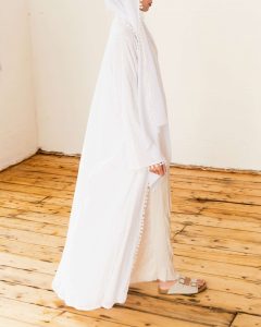 Cotton Broidery Anglaise Open Abaya with Pompom trim in White by Abayas Boutique 3 of 11