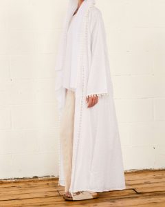 Cotton Broidery Anglaise Open Abaya with Pompom trim in White by Abayas Boutique 7 of 11