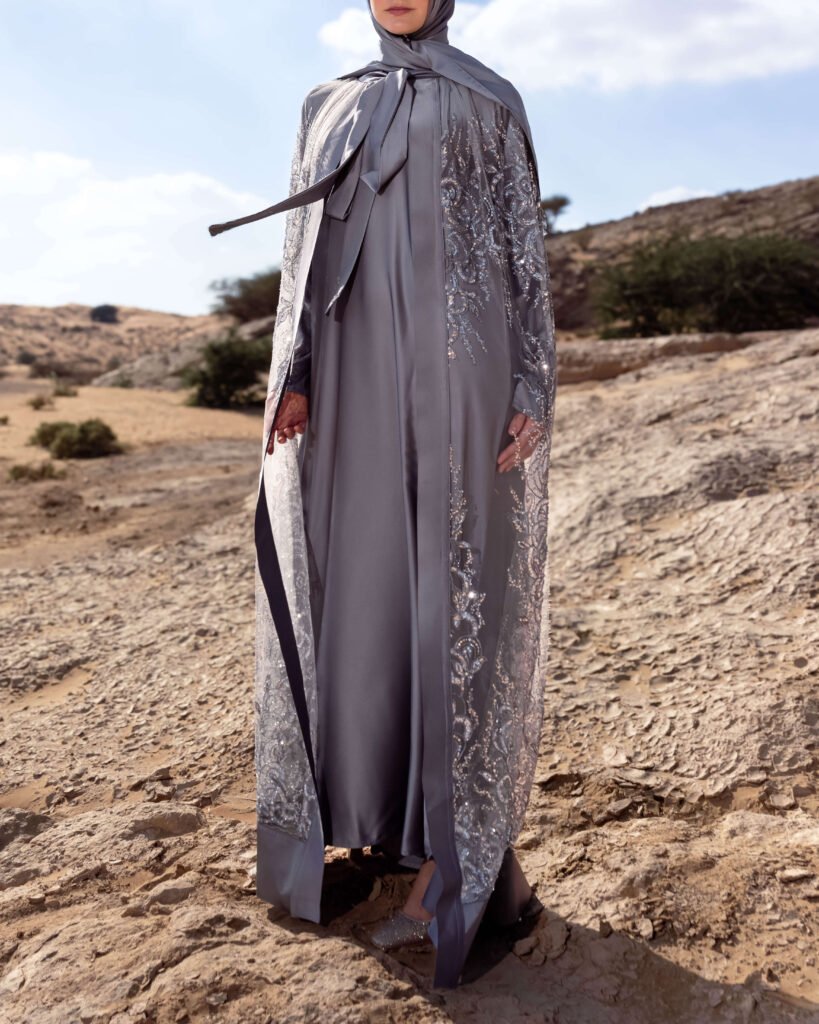Silver-grey occasional abaya set 7 – Taraji – Abayas Boutique