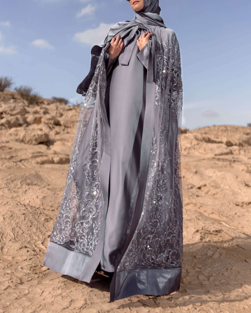 Silver-grey occasional abaya set 8 – Taraji – Abayas Boutique