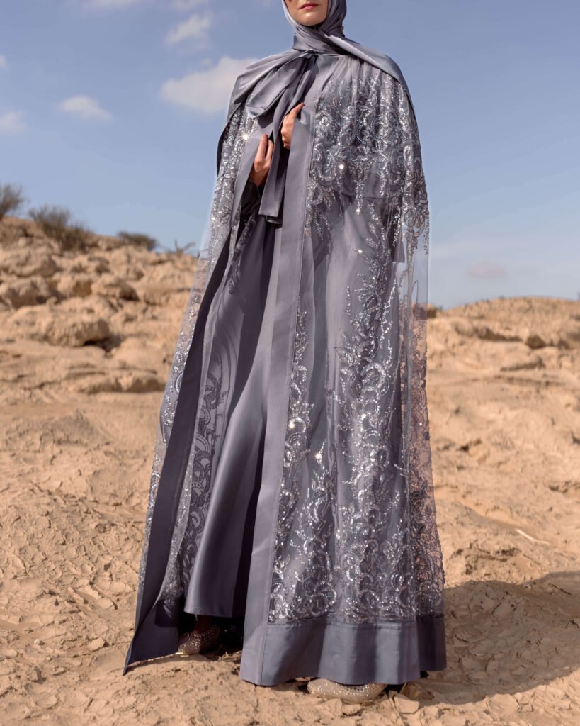 Silver-grey occasional abaya set 6 – Taraji – Abayas Boutique