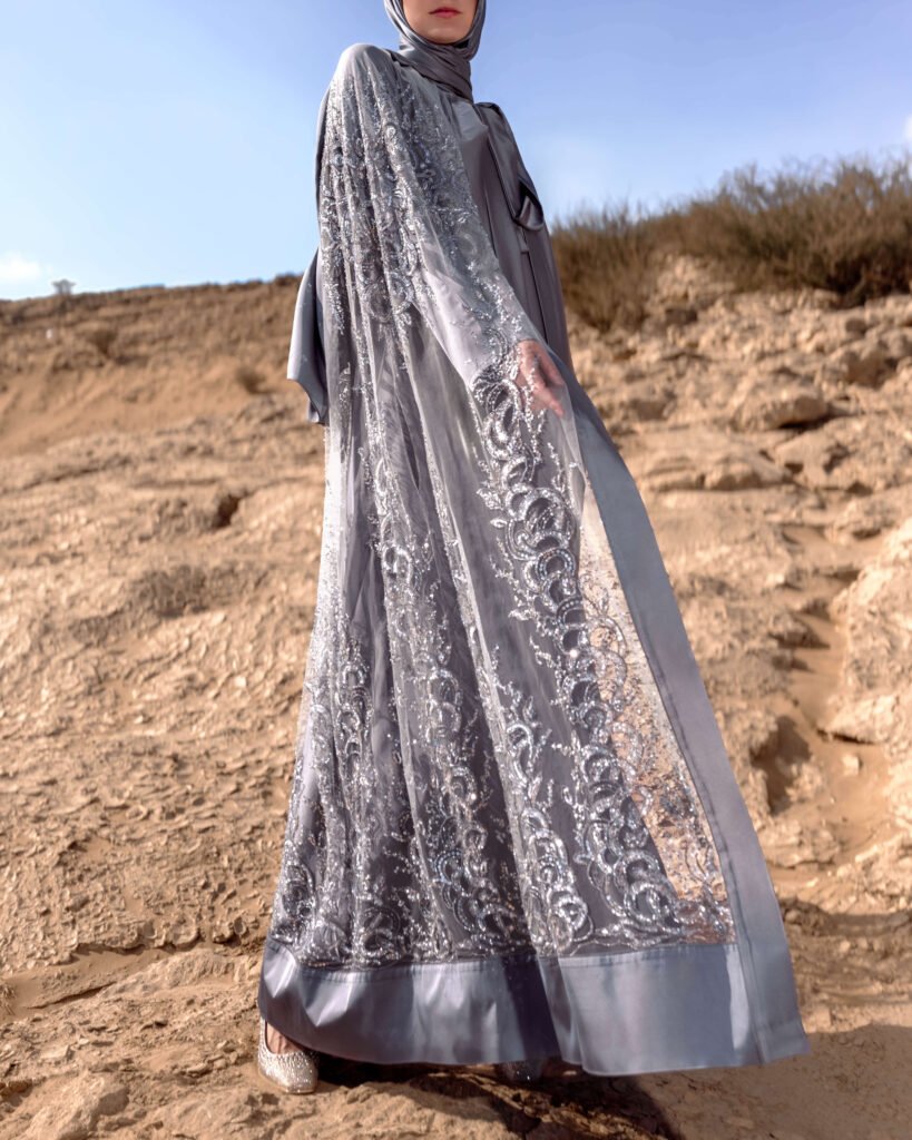 Silver-grey occasional abaya set 9 – Taraji – Abayas Boutique