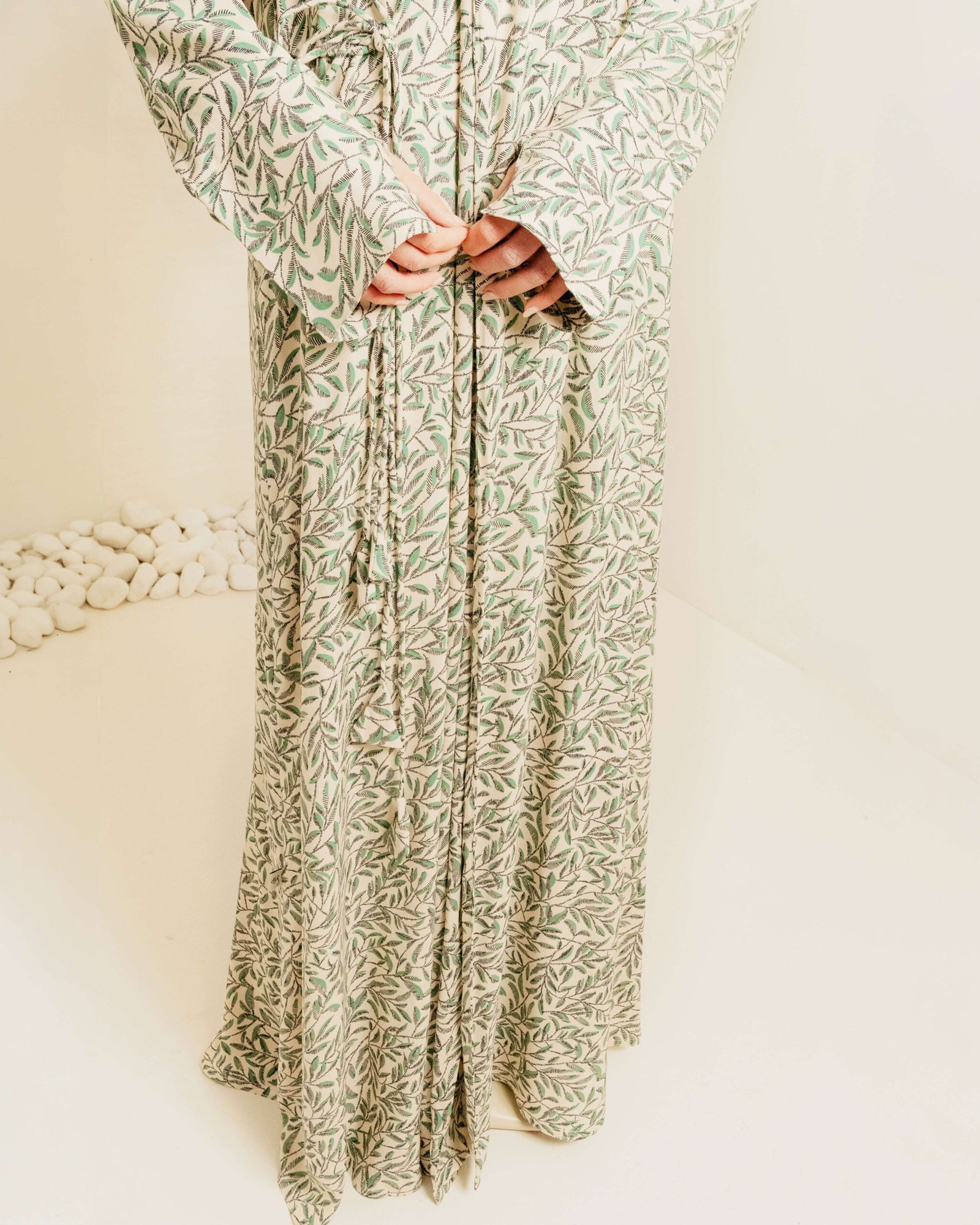 Cream and green wrap abaya 3 – Wandering Willows Wrap Abaya – Abayas Boutique