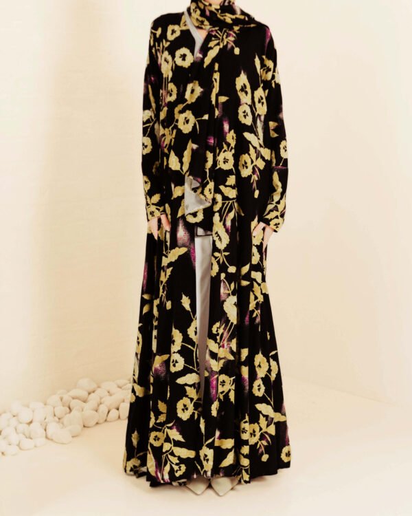 Twilight Blooms Printed Cotton Open Abaya
