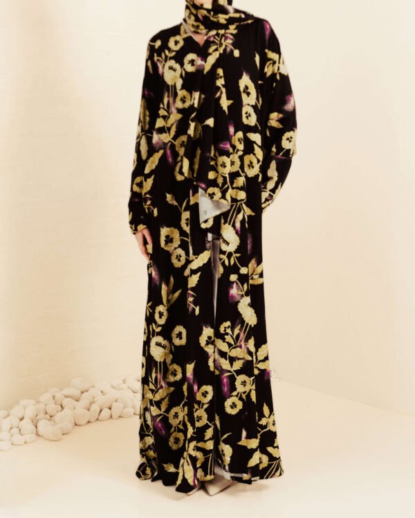 Twilight Blooms Printed Cotton Open Abaya