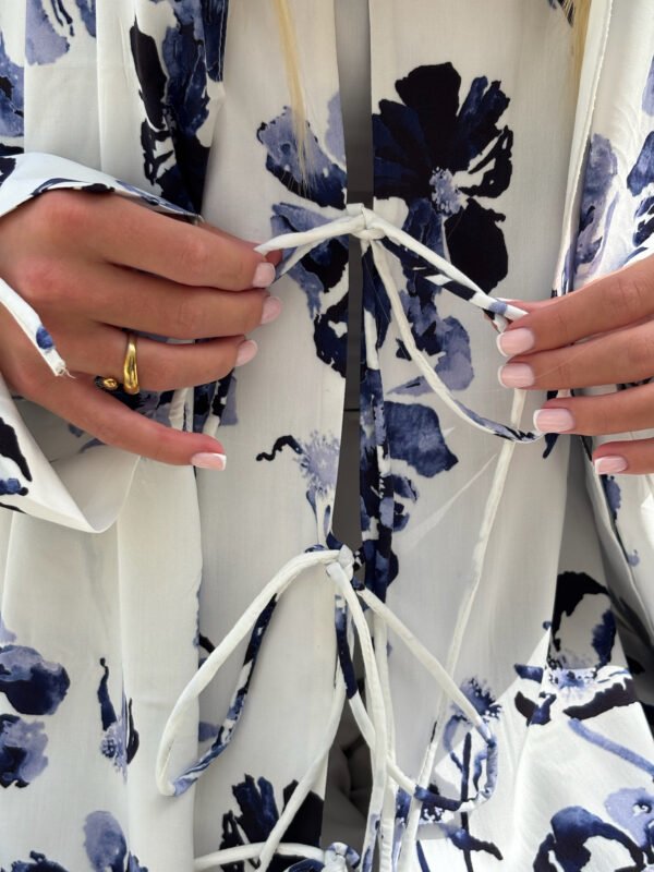 Cotton Printed Abaya with Tie Front in Santorini