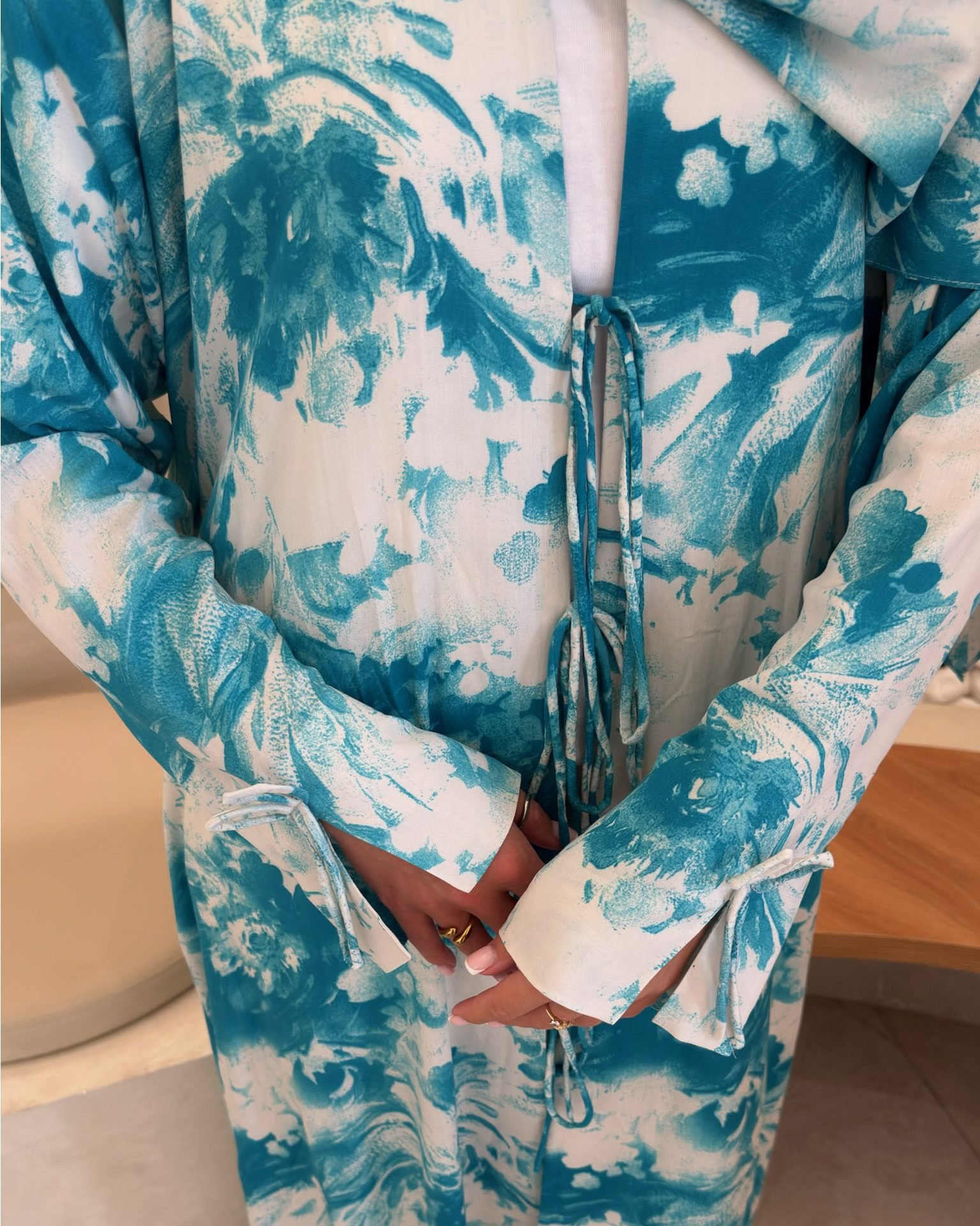 Cotton Printed Abaya with Tie Front in Seychelles
